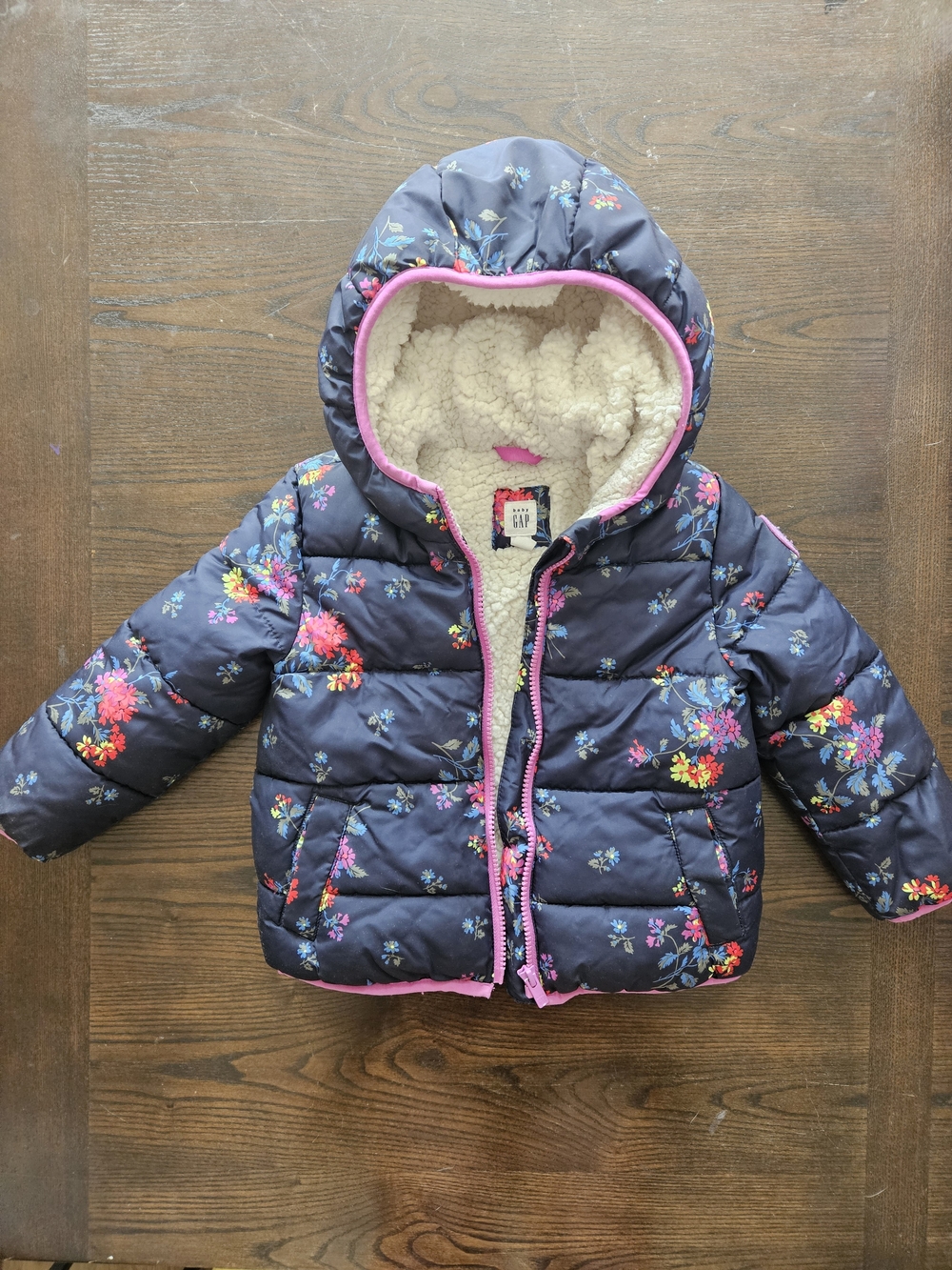 3T Baby GAP Girls Floral Puffer Jacket with Sherpa Lining - Navy/Pink